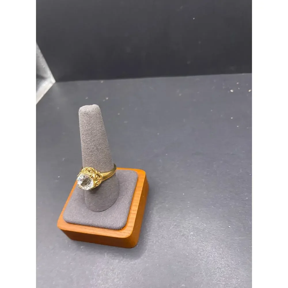 Vintage 925 Sterling Silver Gold Vermeil Clear CZ Solitaire Ring Size 9.75